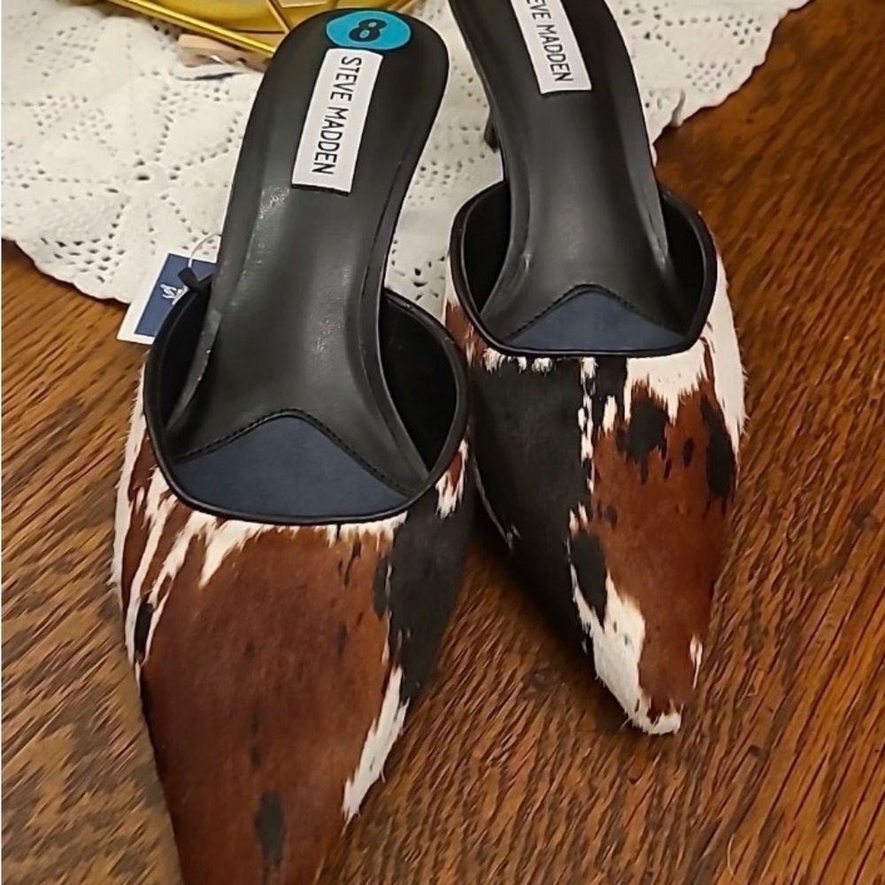 NWT Real Cow Print Fur Women’s 8 Mule Kitten Heels